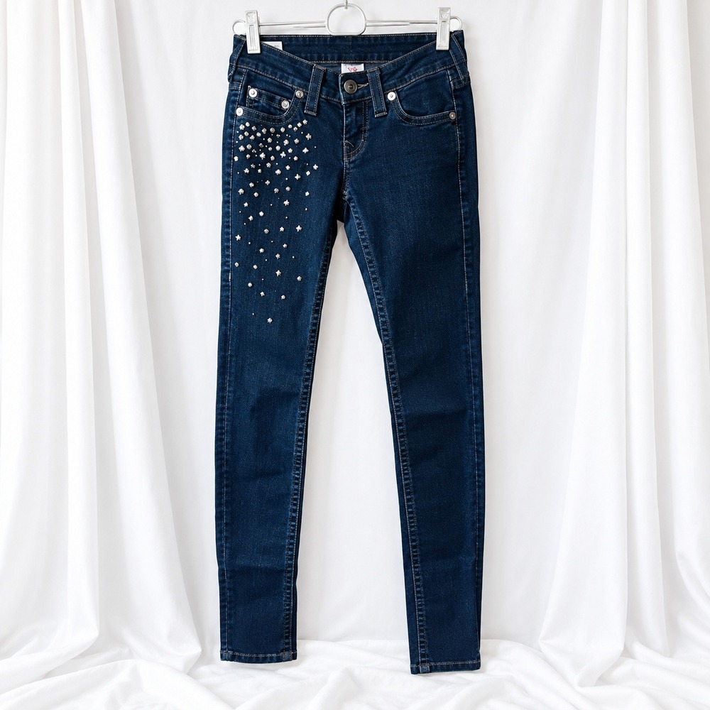 Y2K True Religion Stella Skinny Jeans Womens 24 Dark Wash Low Rise Studded Denim